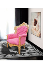 Didelis baroko stiliaus fotelis rožinio aksomo ir paauksuoto medžio