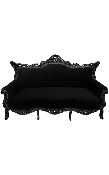 Canapé baroque rococo 3 places velours noir et bois noir