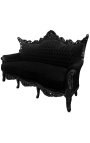 Sofá barroco rococó de 3 lugares veludo preto e madeira preta