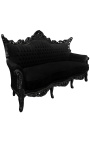 Sofá barroco rococó de 3 lugares veludo preto e madeira preta