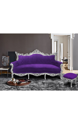 Barocker Rokoko-3-Sitzer aus violettem Samt und silbernem Holz