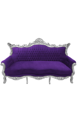 Barocker Rokoko-3-Sitzer aus violettem Samt und silbernem Holz