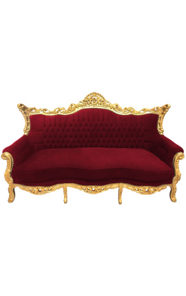Barocker Rokoko-3-Sitzer, burgunderroter Samt und goldenes Holz