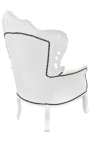 Big baroque style armchair white faux leather and white lacquered wood 