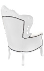 Grand fauteuil de style Baroque simili cuir blanc et bois blanc