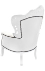 Big baroque style armchair white faux leather and white lacquered wood 