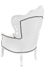 Grand fauteuil de style Baroque simili cuir blanc et bois blanc