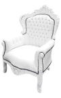 Gran sillón de estilo barroco piel blanca y madera lacada blanca