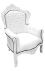 Grote fauteuil in barokstijl wit kunstleer en wit gelakt hout 