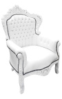 Grand fauteuil de style Baroque simili cuir blanc et bois blanc