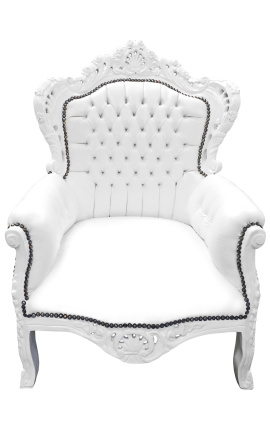 Großer Sessel im Barockstil, weißes Kunstleder und weiß lackiertes Holz 