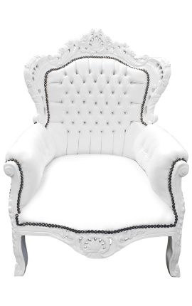 Grand fauteuil de style Baroque simili cuir blanc et bois blanc