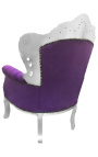 Grand fauteuil de style Baroque velours mauve et bois argent