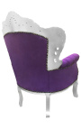 Grand fauteuil de style Baroque velours mauve et bois argent