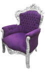 Grand fauteuil de style Baroque velours mauve et bois argent