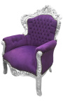 Iso barokkityylinen nojatuoli violettia samettia ja hopeapuuta