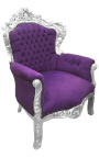 Grand fauteuil de style Baroque velours mauve et bois argent