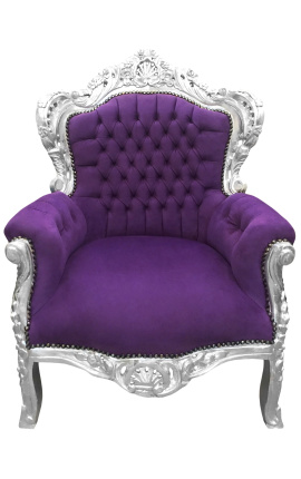 Duży fotel w stylu barokowym fioletowy aksamit i srebrne drewno