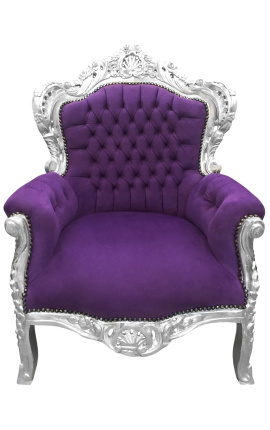 Gran sillón de estilo barroco en terciopelo malva y madera plata