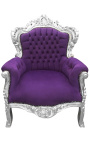 Didelis baroko stiliaus fotelis violetinis aksomas ir sidabro mediena