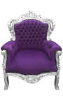 Grand fauteuil de style Baroque velours mauve et bois argent