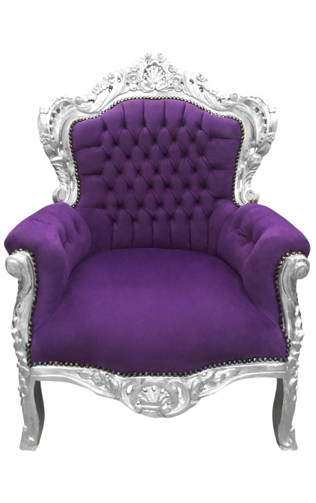 Didelis baroko stiliaus fotelis violetinis aksomas ir sidabro mediena