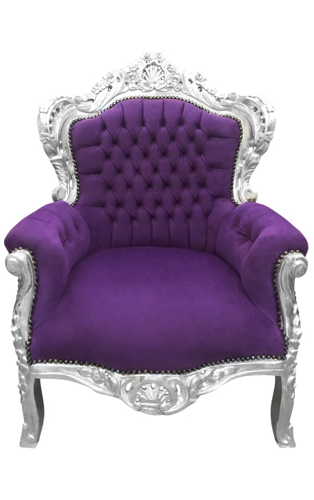 Poltrona grande estilo barroco veludo roxo e madeira prateada