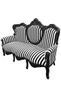 Baroková sedačka látkové čierno-biele pruhy a čierne lakované drevo