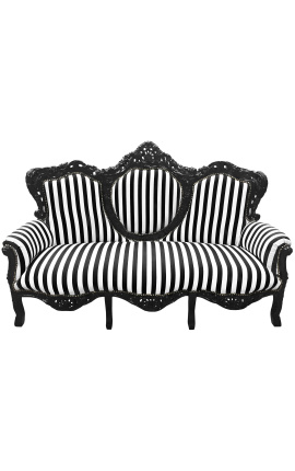 Sofá barroco tecido listrado preto e branco com madeira lacada preta