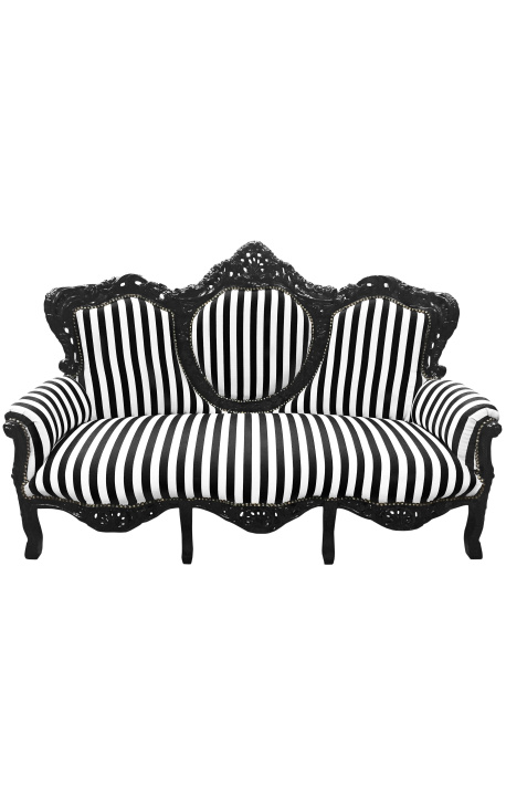 Sofa w stylu barokowym tkanina czarno-białe paski i drewno lakierowane na czarno