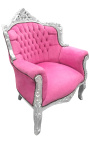 Fauteuil "princier" de style Baroque velours rose et bois argent