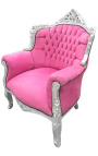 Armchair "princely" Baroque style pink velvet and silver wood