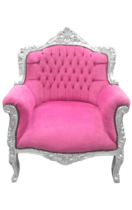 Sillón "Princely" de estilo barroco en terciopelo rosa y madera plata
