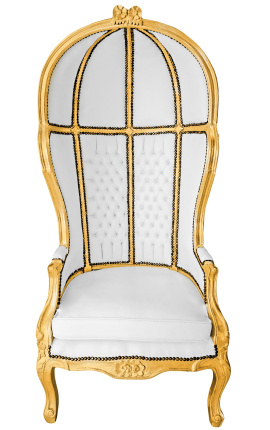 Poltrona grande de estilo barroco em couro sintético branco e madeira dourada