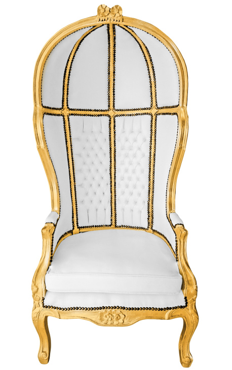 Scaun în stil baroc Grand portar din piele falsă albă și lemn auriu