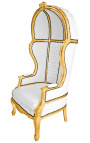 Cadira d'autocar gran d'estil barroc en imitació de pell blanca i fusta daurada