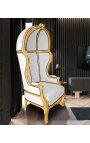 Cadira d'autocar gran d'estil barroc en imitació de pell blanca i fusta daurada