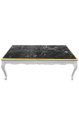 Large coffee table Baroque style white glossy wood and black marble