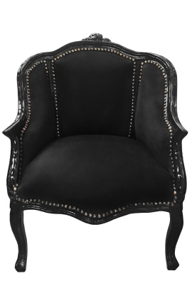Bergere-Sessel im Louis-XV-Stil mit schwarzem Samt und schwarzem Holz