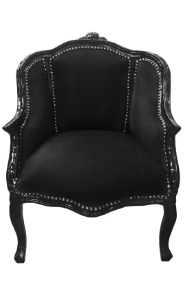 Bergère de style Louis XV velours noir et bois noir