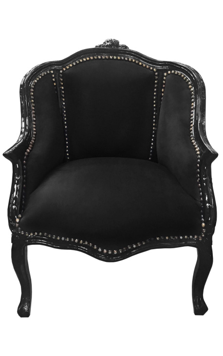 Poltrona de Bergere Louis XV estilo com veludo preto e madeira preta - 1