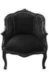 Poltrona de Bergere Louis XV estilo com veludo preto e madeira preta - 1