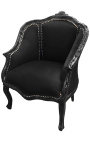 Scaunul Bergere Louis XV stil cu catifea neagră şi lemn negru - 15