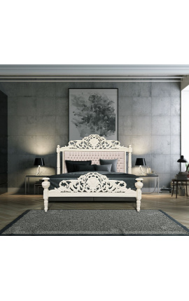 Letto barocco tessuto in velluto beige e legno laccato beige