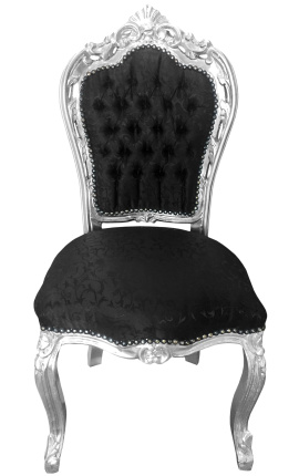 Stuhl im Barock-Rokoko-Stil, schwarzer Satinstoff und silbernes Holz