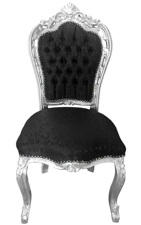 Barokkityylinen rokokootyylinen tuoli musta satiinikangas ja hopeapuu
