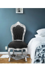 Stuhl im Barock-Rokoko-Stil, schwarzer Satinstoff und silbernes Holz