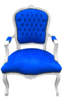 Barokowy fotel z niebieskiego aksamitu w stylu Ludwika XV i białego drewna