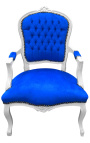 Fauteuil baroque de style Louis XV velours bleu et bois blanc