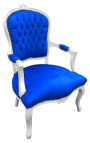 Fauteuil baroque de style Louis XV velours bleu et bois blanc